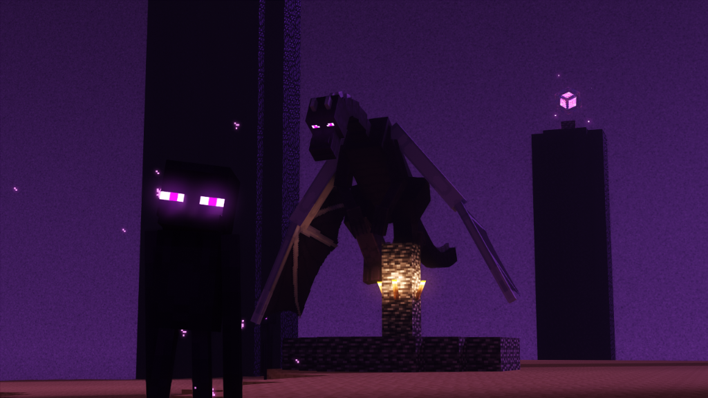 Ender dragon and enderman with glowing eyes in the End, rendered with RTX